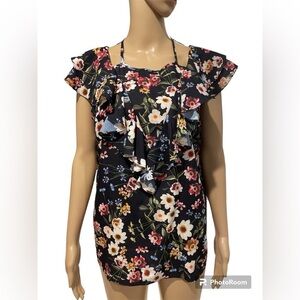 PARKER Womens Cold-shoulder Sleeves Ruffle Navy floral blouse/top Keyhole Back